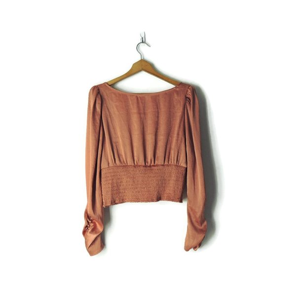 Free People Santiago Blouse long sleeve satin smocked bodice Cinnamon Pink - Picture 3 of 12